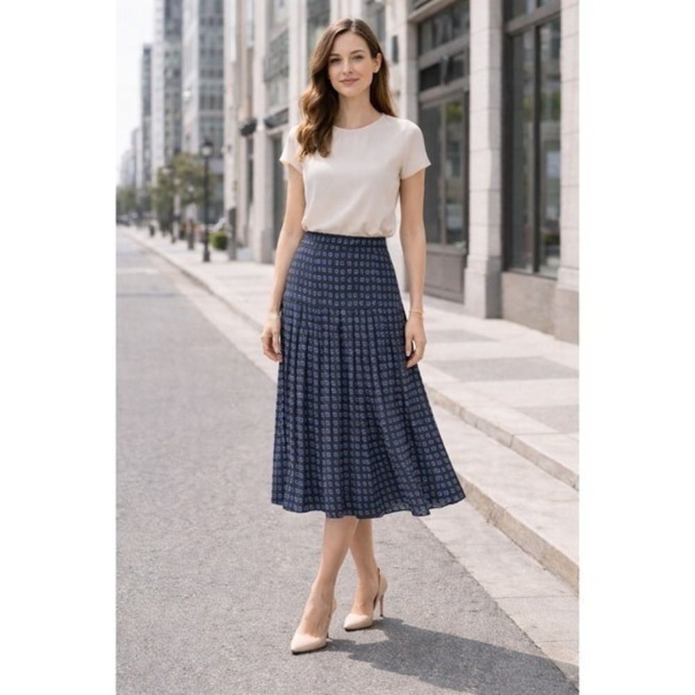 Vintage Chic Pleated Midi Skirt High Waist Geometric Blue Black Size 6 8